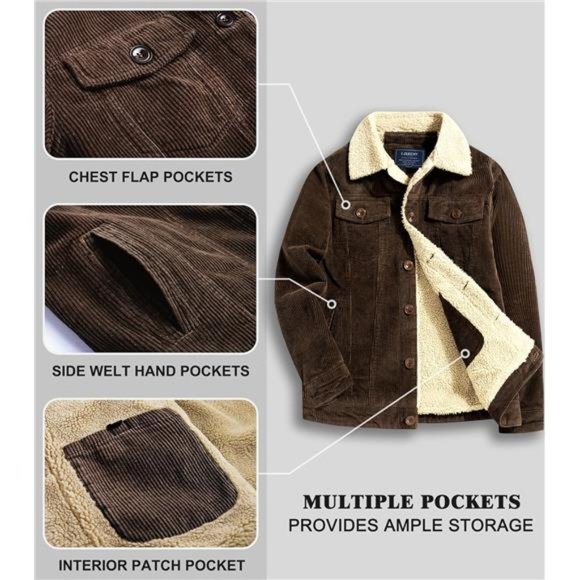 Men's Plus Size Corduroy Sherpa Lined Winter Jacket